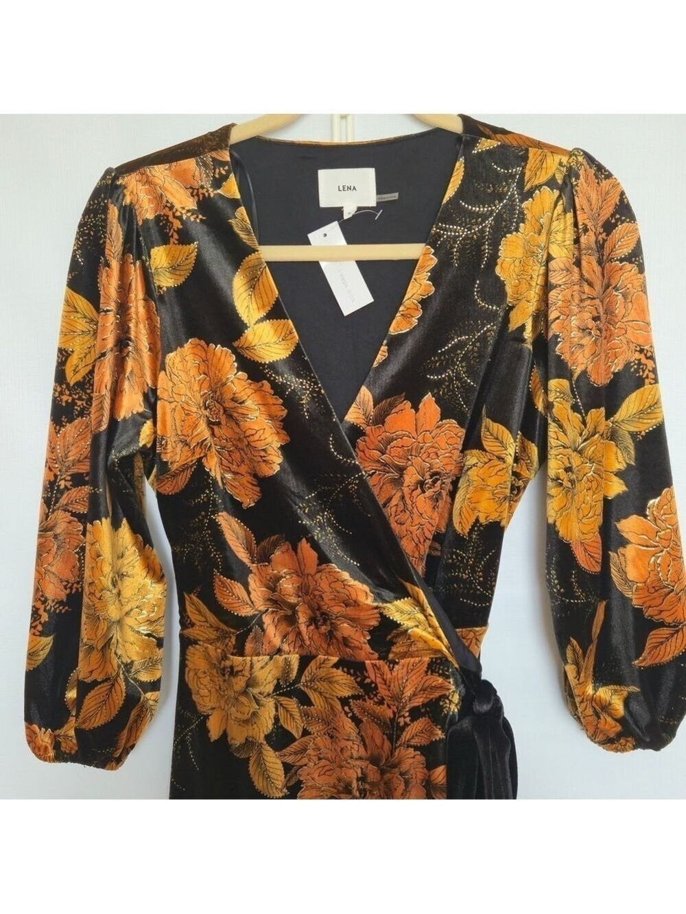 LENA Dress Full-Wrap Women NWT Black Gold Long Sleeve Floral Fall Festive Small - Picture 5 of 14